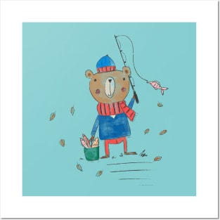 Fishing Bear cartoon Posters and Art